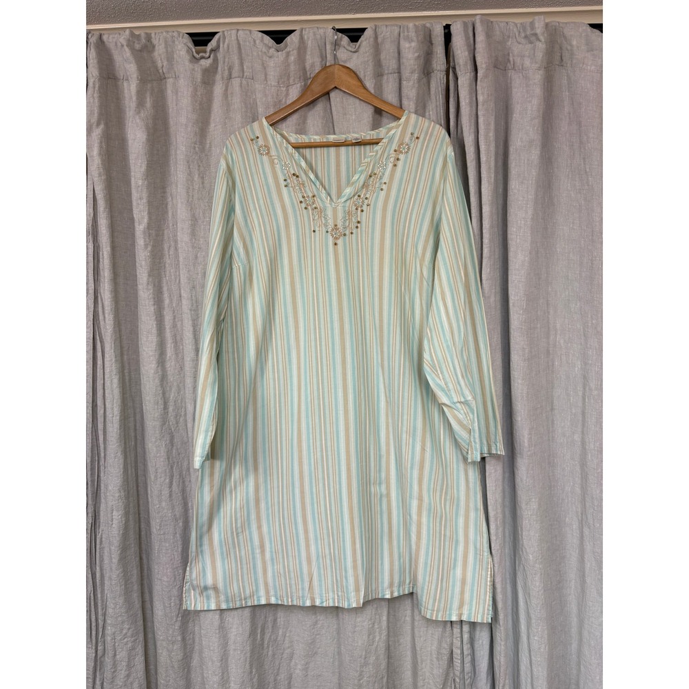 Classic Elements Tunic Women 1X Blue Tan Striped Excellent Beaded Embroidered